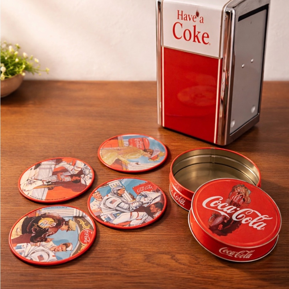 Coca-Cola Red Retro Tin Coaster Set with Matching Napkin Dispenser Tin